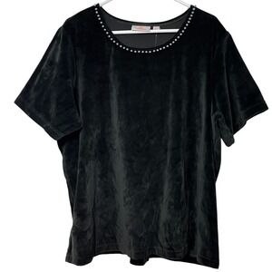 Quacker Factory Womens 2X Black Velour Short Sleeve Faux Pearl Neck Whimsigoth